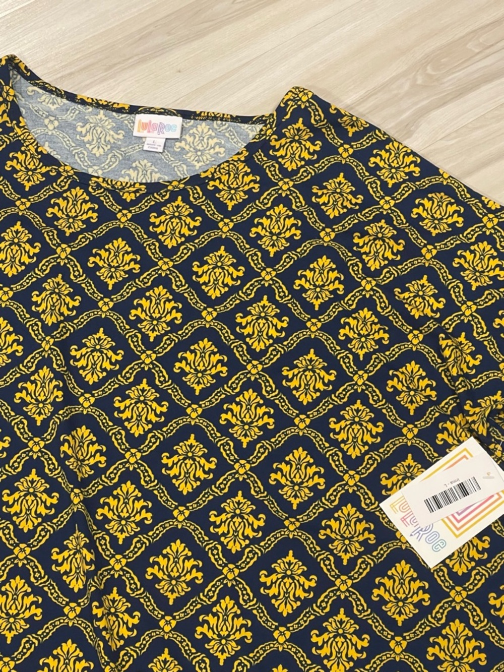 NWT LuLaRoe Irma Tunic Top Large L Navy Blue Yellow Gold Damask Medallion